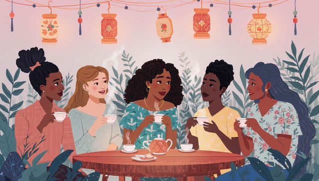 Diverse women sharing tea and conversation around lantern-lit garden terrace table
