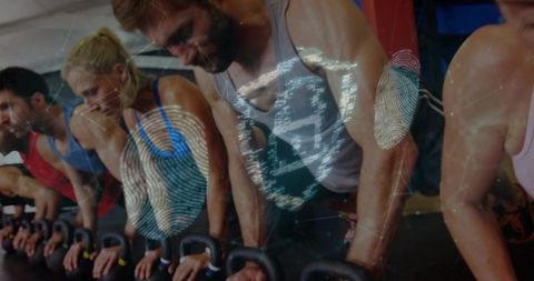 Group gripping kettlebells in intense core plank workout with digital fingerprint overlay