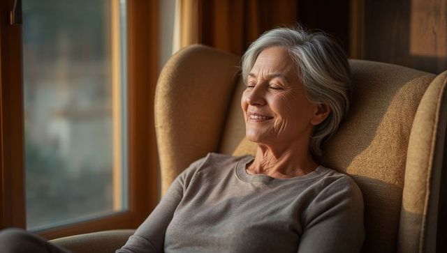 Gray-haired senior woman relaxing in sunlit wingback chair by wooden window, home portrait