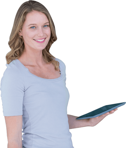 Smiling Woman Holding Tablet Transparently Isolated