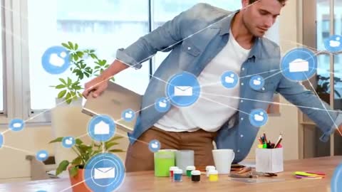 Office professional reacting to incoming digital alerts, closing laptop, leaving workspace