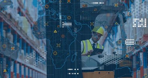 Warehouse manager tapping tablet monitoring pallet truck with global logistics dashboard