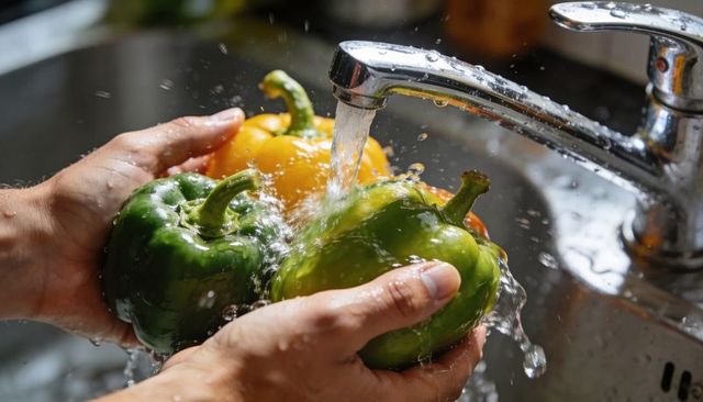 Rinsing bell peppers under kitchen faucet with adult hands holding glossy produce