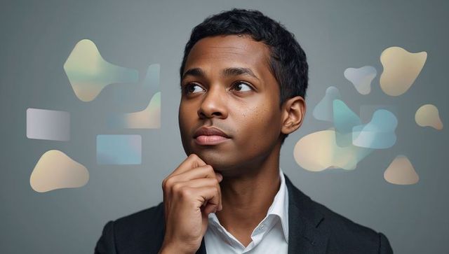 Young professional man contemplating future with translucent pastel shapes and minimalist style