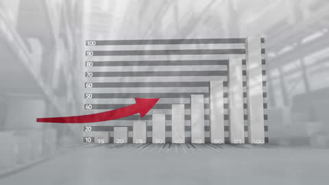 Rising Bar Graph with Red Arrow in Empty Warehouse Setting