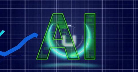Glowing neon-green ai letters with holographic teal halo and upward analytics chart