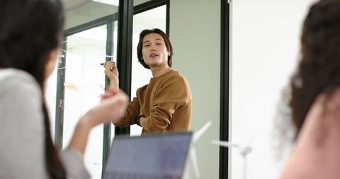 Asian Man Leading Team Meeting with Glass Board Presentation