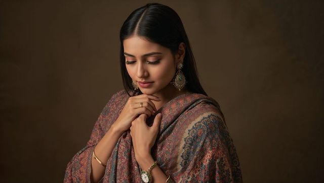 Indian woman holding patterned shawl wearing ornate earrings lowering eyes elegant jewelry