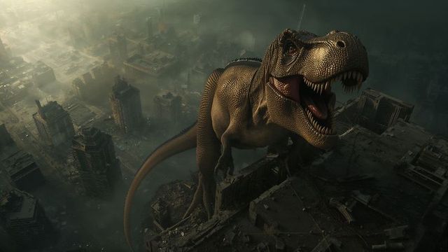 Roaring Tyrannosaurus Rex on Ruined High-Rise in Dystopian Cityscape