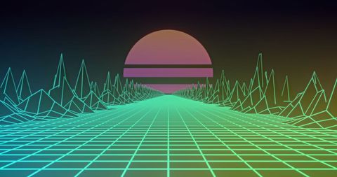 retro futuristic digital landscape with neon sunset - Download Free Stock Images Pikwizard.com