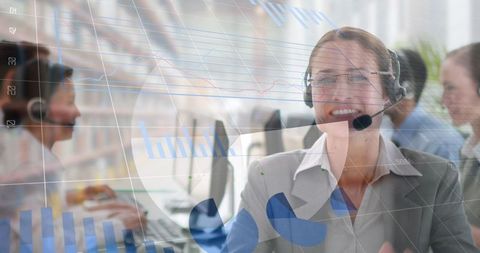 Businesswoman using headset with data visualization graphics
