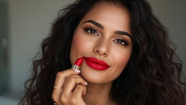 Applying red lipstick on curly-haired woman with gold ring and manicured nails