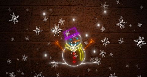 Colorful Neon Snowman with Falling Snowflakes Holiday Scene