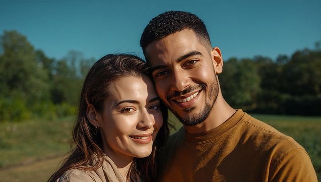 Smiling couple enjoying golden sunlight in meadow close-up portrait for lifestyle branding