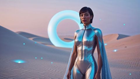 Futuristic woman in silver bodysuit in desert twilight