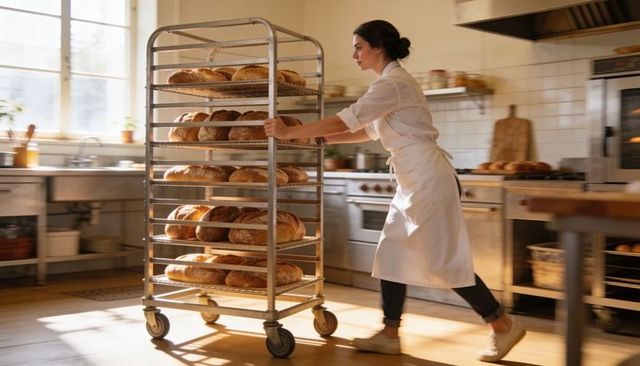 Female Baker Pushing Tall Rack of Fresh Artisan Bread Through Sunlit Commercial Kitchen