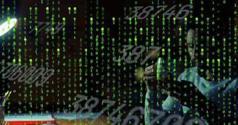 Man scrolling smartphone in home office with neon green binary code overlay at night