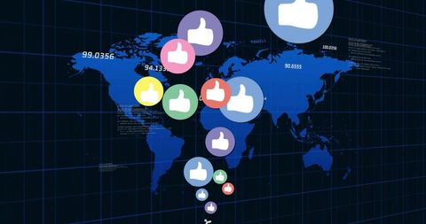 Global social engagement dashboard showing colorful thumbs-up markers over digital world map