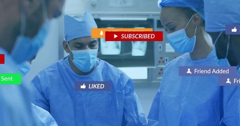 Surgical team in sterile or with social media notifications overlay highlighting teamwork