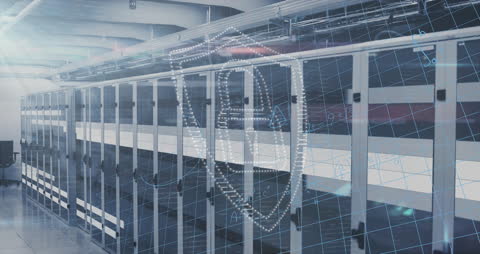 Cybersecurity Abstract in Data Center with Padlock Overlay