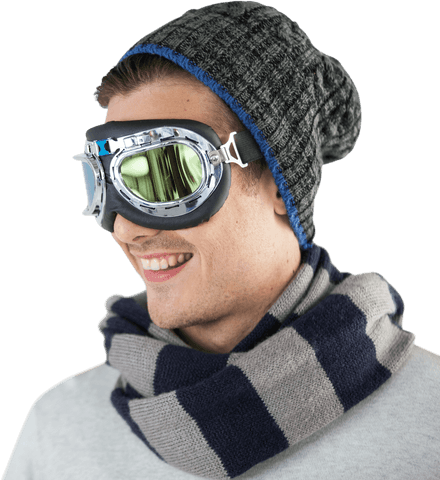 Young Man in Winter Gear with Vintage Goggles on Transparent Background