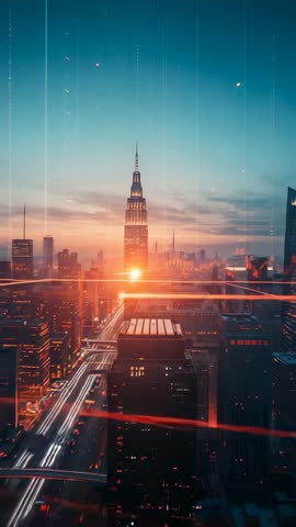 Rising Sun Flare Lighting Spire Over City Skyline With Red Beams and Traffic Light Trails
