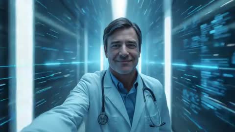 Physician Taking Selfie in Futuristic Medical Data Corridor with AI Neon Data Streams