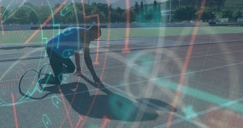 Runner preparing for race amidst digital overlay on track