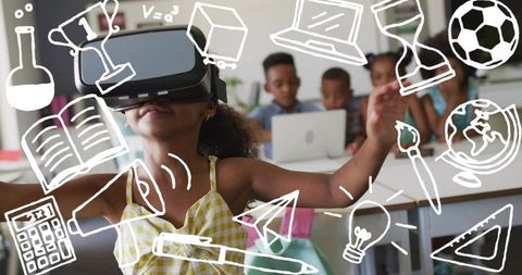 Child wearing vr headset exploring immersive classroom learning with doodle icons