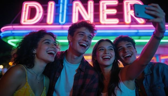 Friends taking neon diner selfie at night laughing and posing under retro neon sign