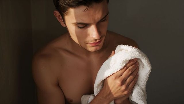 Pensive shirtless man holding white towel against chest bathed in warm golden light