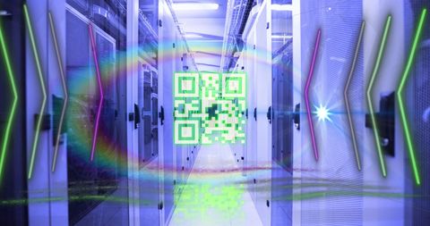 Glowing QR Code in Neon Server Room Multiplatform Security - Download Free Stock Images Pikwizard.com