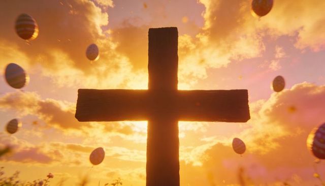 Standing wooden cross silhouetting against golden sunrise with floating patterned eggs