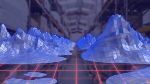 Futuristic Digital Mountains Overlay in High-Tech Warehouse