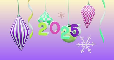 Colorful 2025 Numbers with Festive Holiday Ornaments