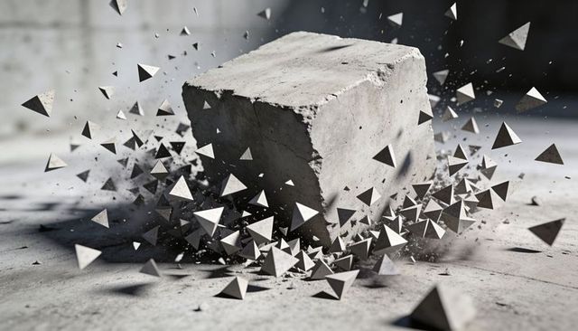 Shattering Concrete Cube Scattering Triangular Shards and Dust in Industrial Space