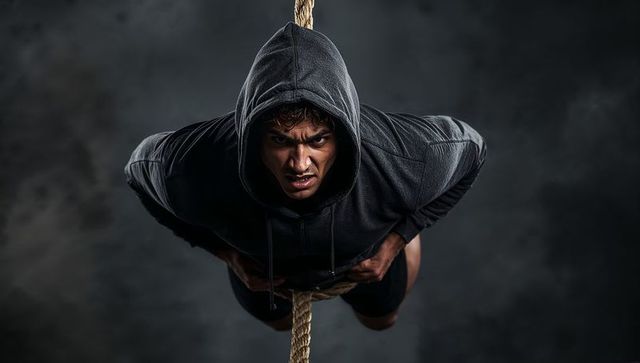 Muscular man in hoodie climbing rope with intensity and strength