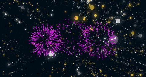 Magenta firework bursts over sparkling night sky with gold bokeh for festive celebration