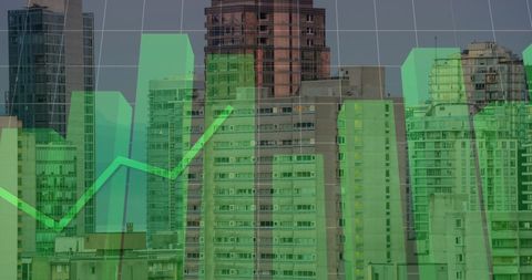 City buildings with overlay of financial growth chart