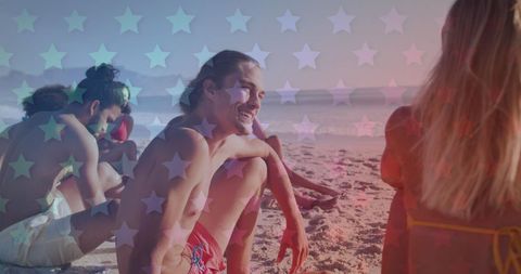 Friends Enjoying Beach Day with Patriotic Overlay