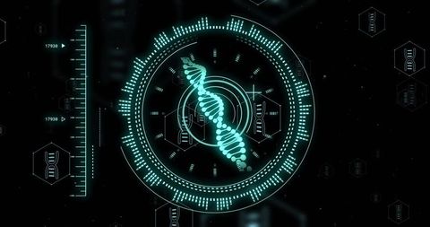 Futuristic Genomic HUD Display with Glowing DNA Helix and Neon Circular Interface