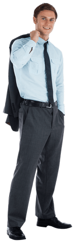 Confident Businessman Holding Jacket with Smile, Transparent Background