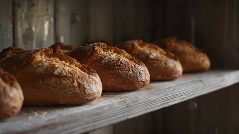Artisan Bread Loaves on Bakery Shelf Showcasing Texture