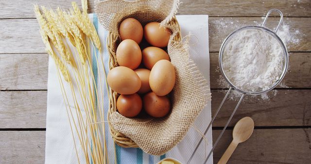 This balanced image showcases fresh brown eggs arranged in a woven basket lined with burlap, placed on a rustic wooden table beside golden wheat stalks and a sifter of flour. A wooden spoon rests nearby. Perfect for use in culinary blogs, farm-to-table promotional materials, or baking and cooking themed projects, this image evokes a sense of natural ingredients and homestyle food preparation.