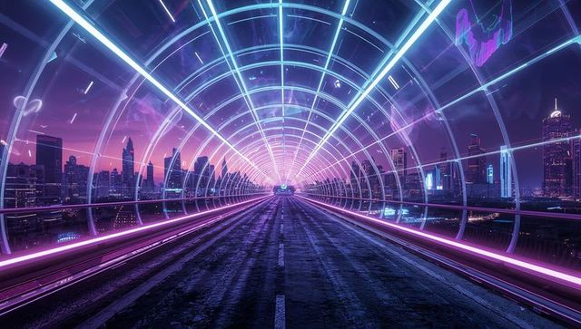 Neon illuminate tunnel with city skyline in cyberpunk style