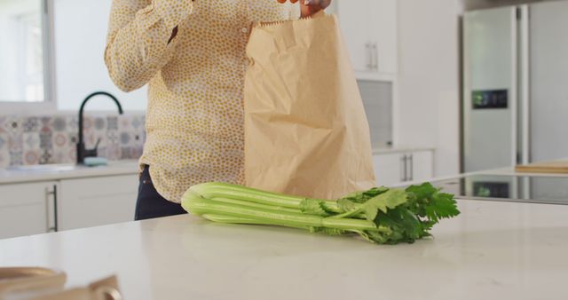 Person unpacking groceries in modern kitchen with celery - Download Free Stock Images Pikwizard.com