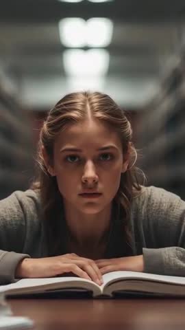 Vertical close-up student studying in library with open book, focused gaze, moody lighting