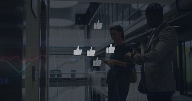 Image of thumbs up icons, graphs with changing numbers, diverse coworkers waiting for elevator. Digital composite, multiple exposure, report, business, growth, social media and technology.