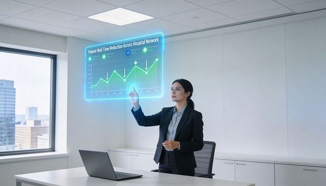 Presenting asian executive using holographic hospital wait-time analytics dashboard