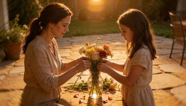Mother daughter arranging sunlit garden bouquet on patio at golden hour